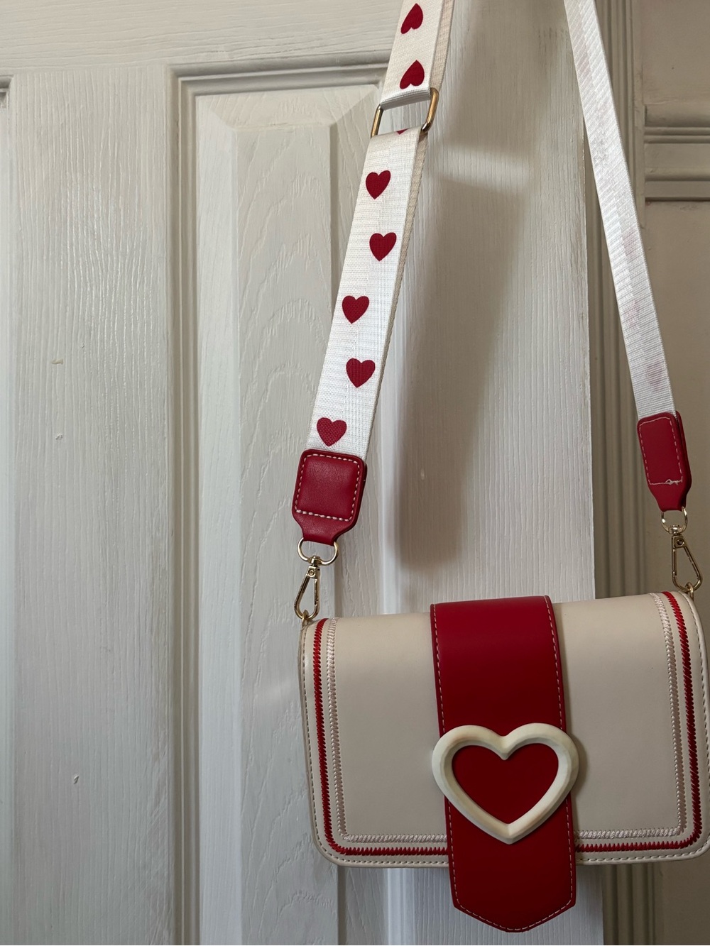 Cream and Red Heart Accent Crossbody Bag with Heart-Print Strap
